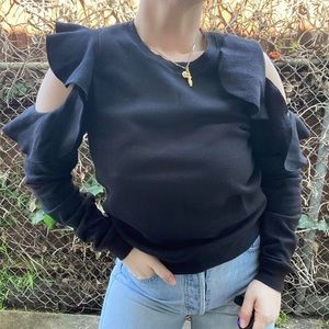 Rebecca Minkoff black crew neck sweatshirt with scalloped ruffled edges